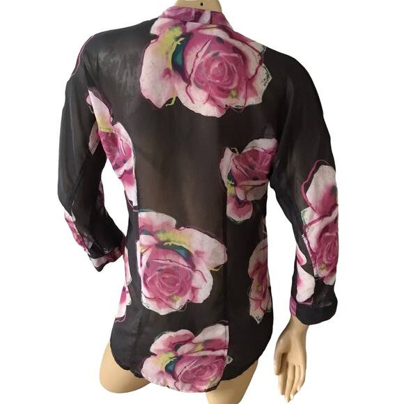 CANDIES Womens Size XS Sheer Convertible 3/4 Sleeve Floral Print Button Up Shirt - Picture 3 of 5